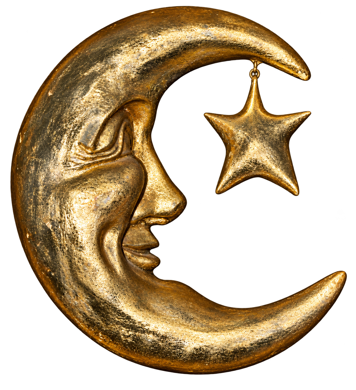 Golden crescent moon with hanging star